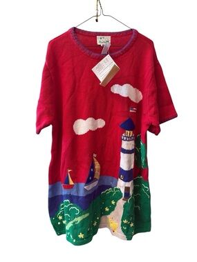 Quacker Factory NWT Red Nautical Lighthouse Short Sleeve Sweater